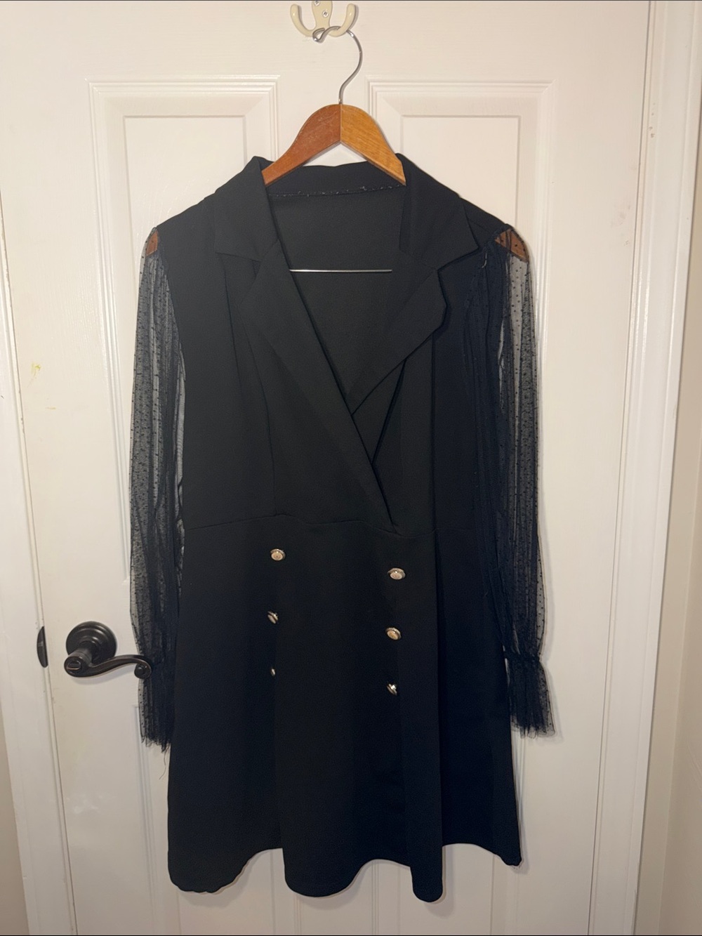 Black Double-Breasted Blazer Dress with Sheer Dot Sleeves